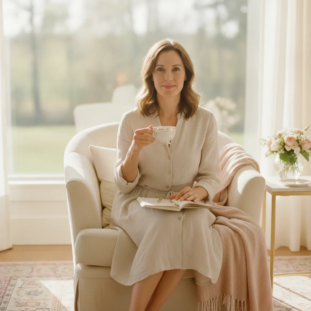 A woman in a peaceful morning ritual, warm light