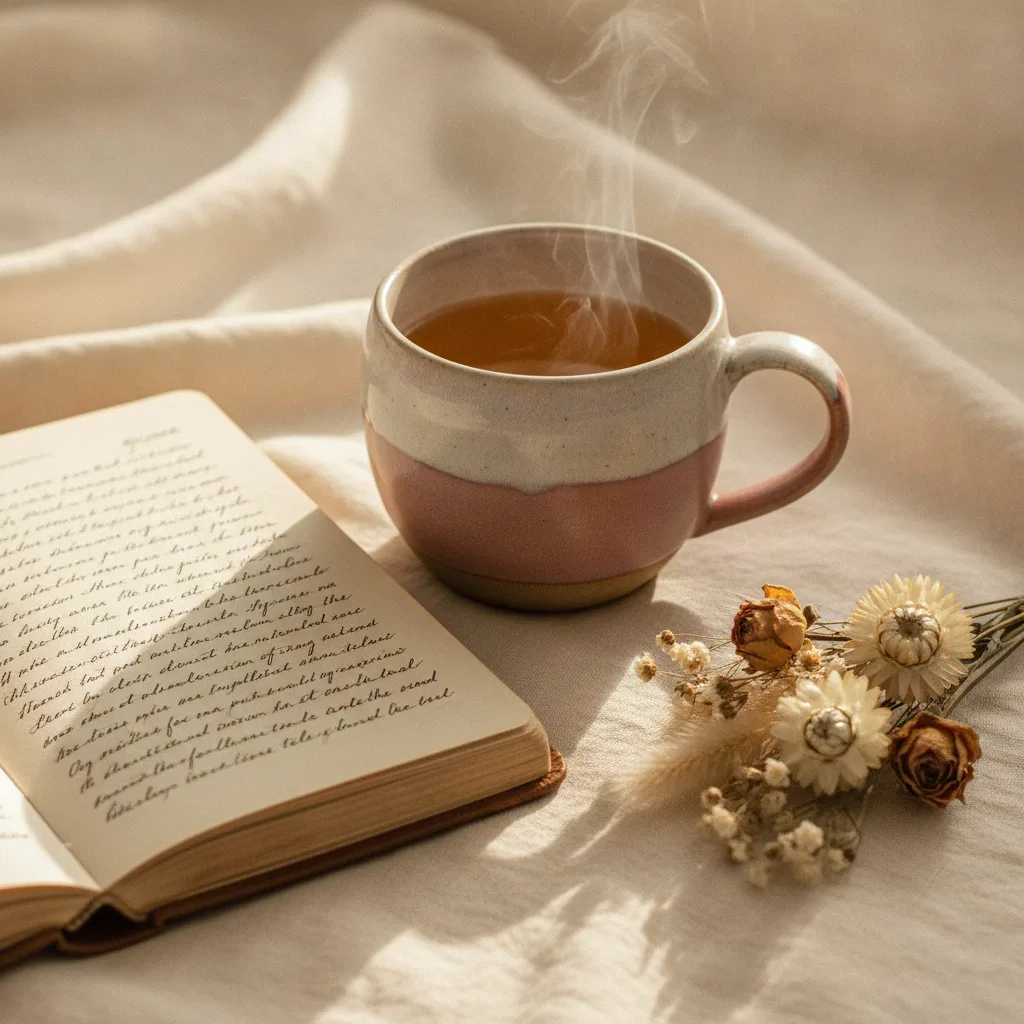 A warm journal and morning tea, soft natural light